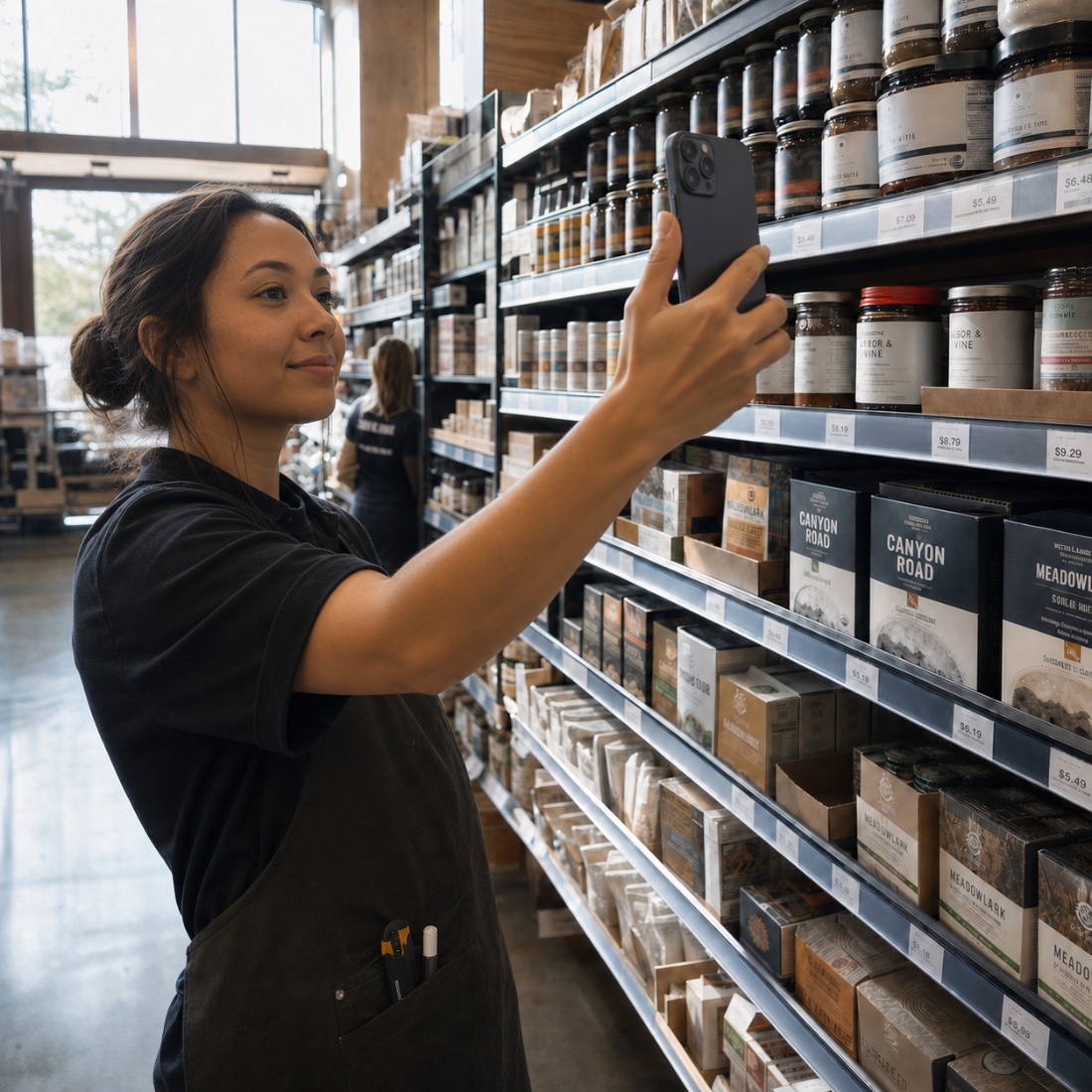 Owner photographing a shelf to build the store catalog