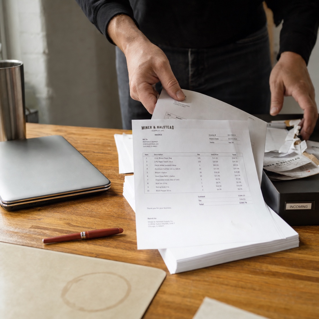 Vendor invoice being pulled from the day's mail