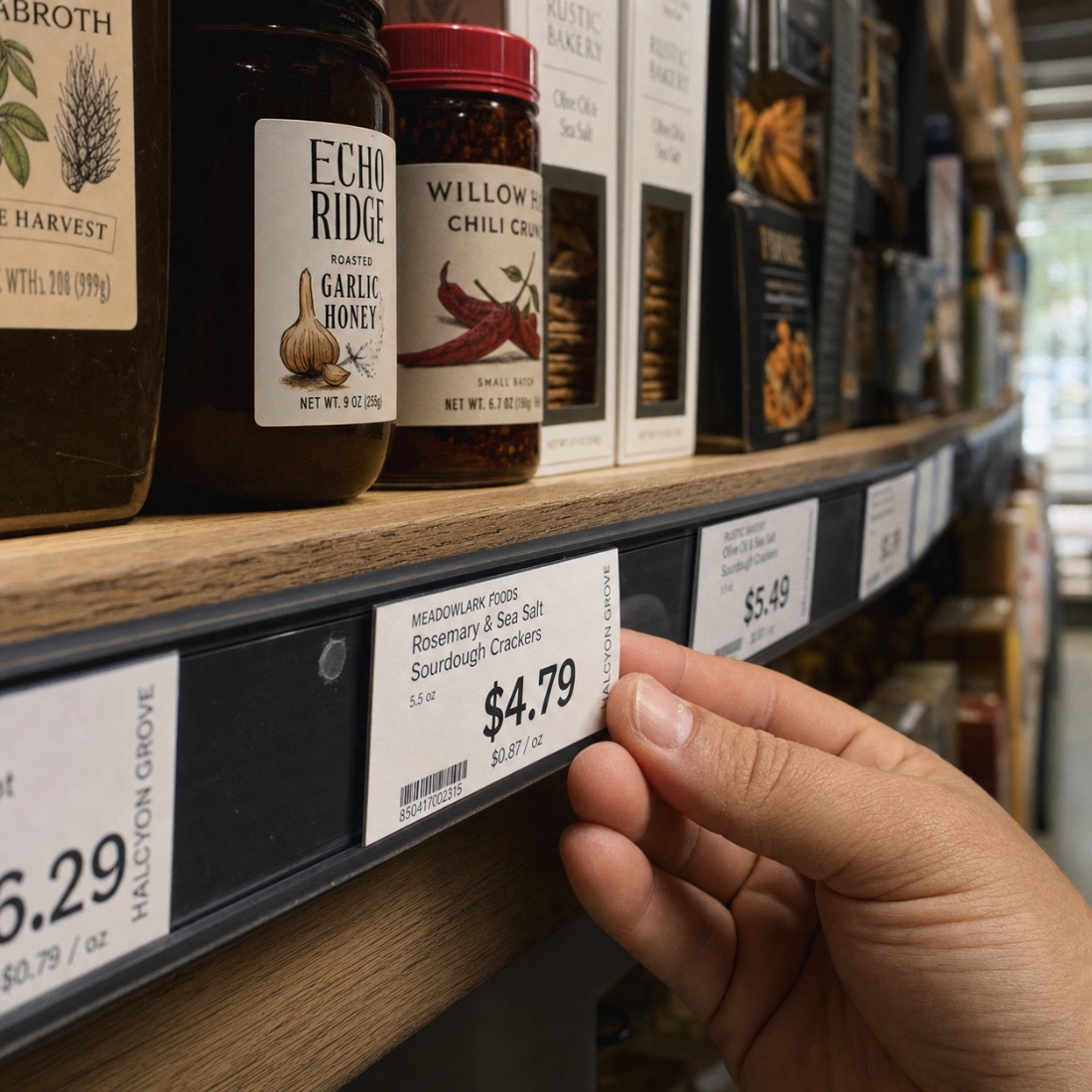 Shelf label with price and unit cost on the shelf edge