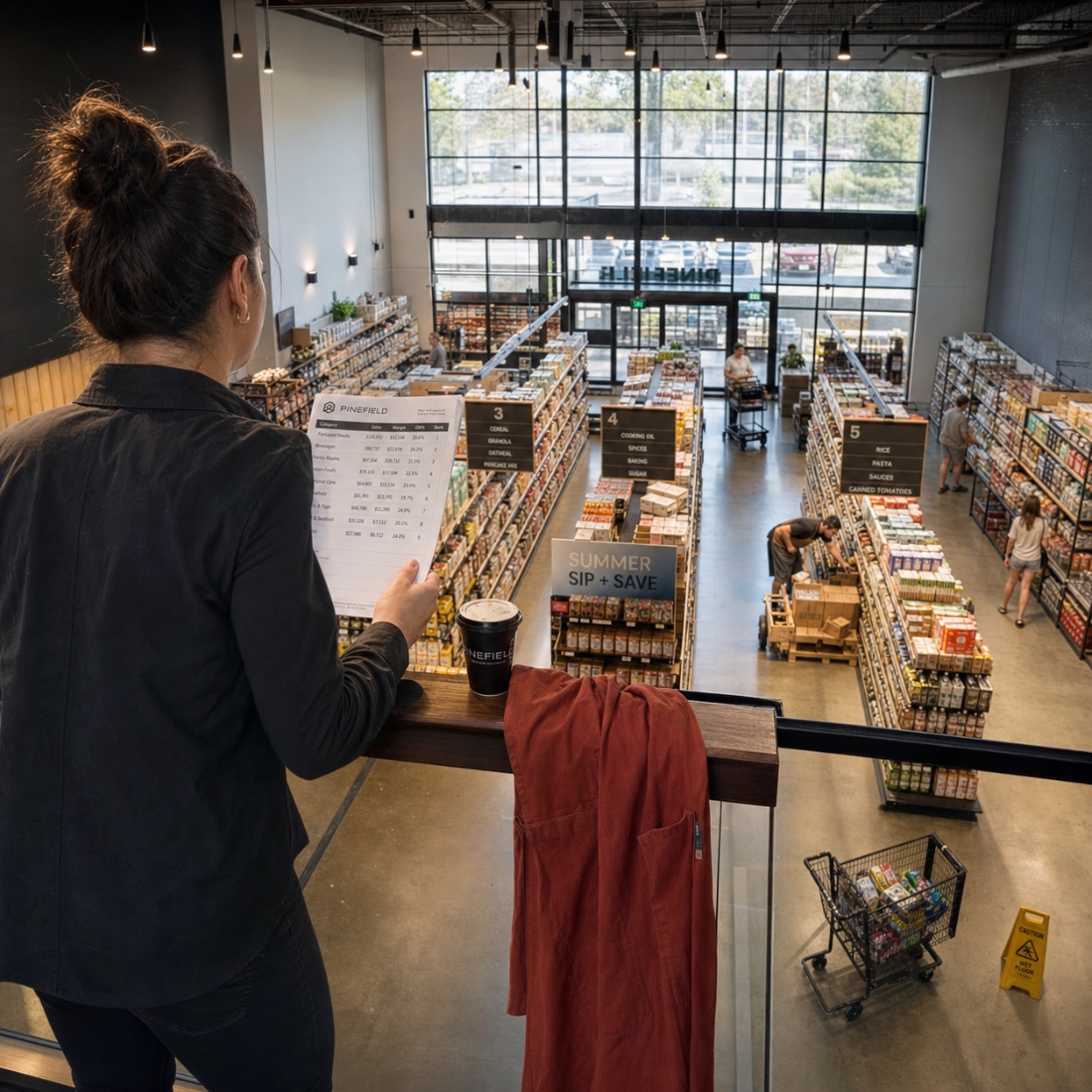Manager reading a category report above the sales floor