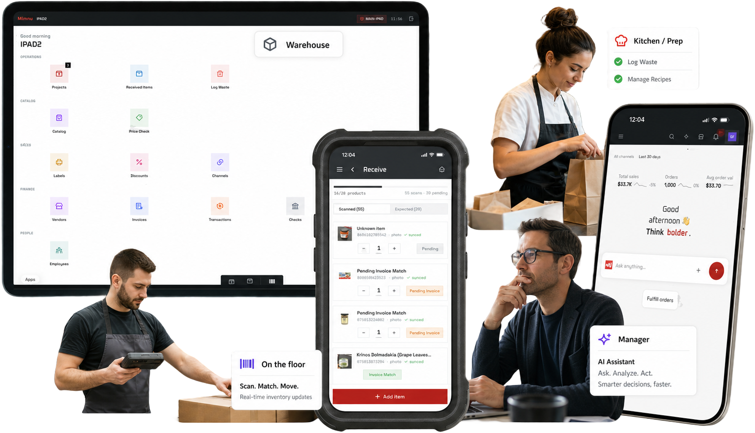 Mimnu running on tablet, handheld scanner and phone across the store floor
