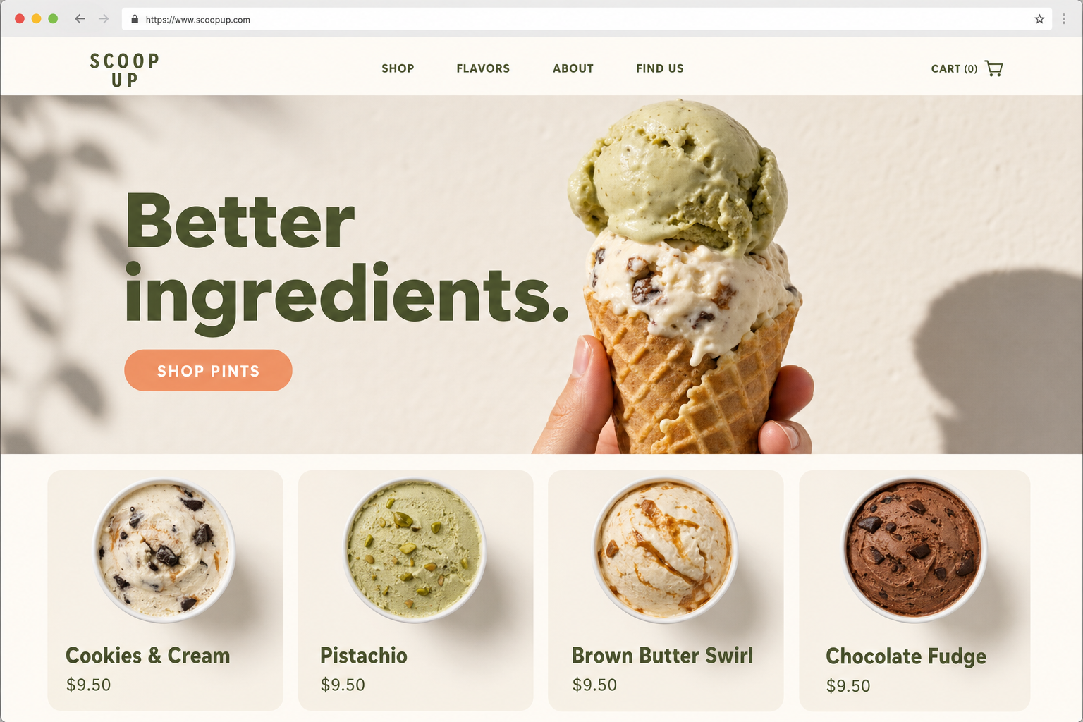 Scoop Up storefront built with Mimnu