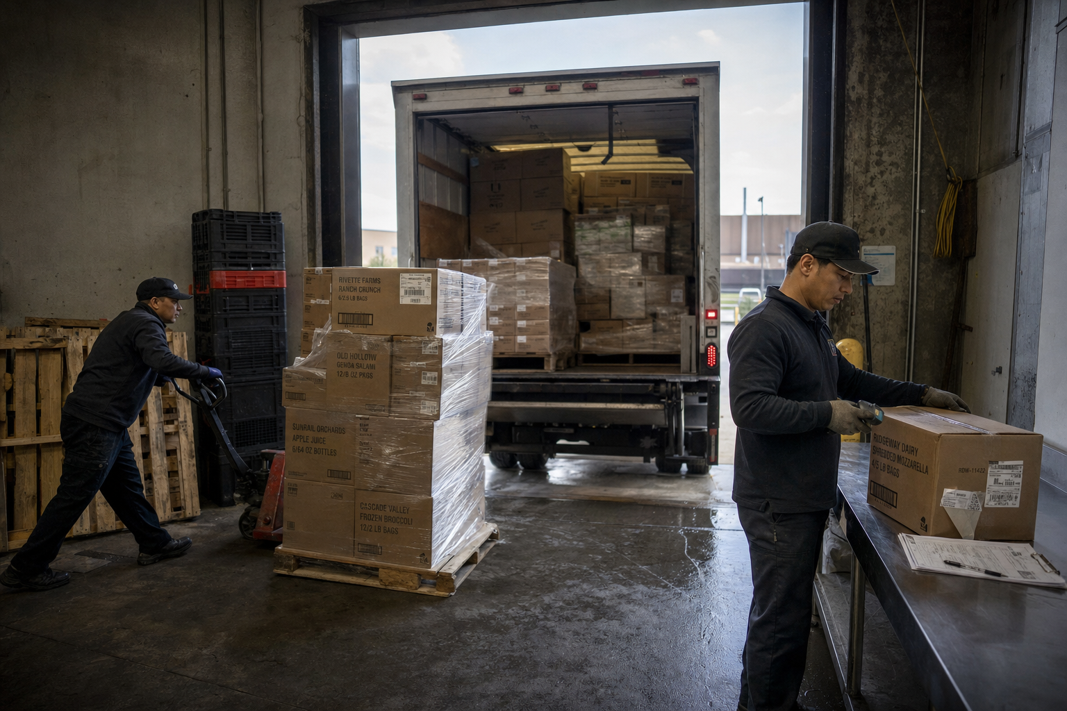 Crew checking a delivery in at the dock as the truck is unloaded
