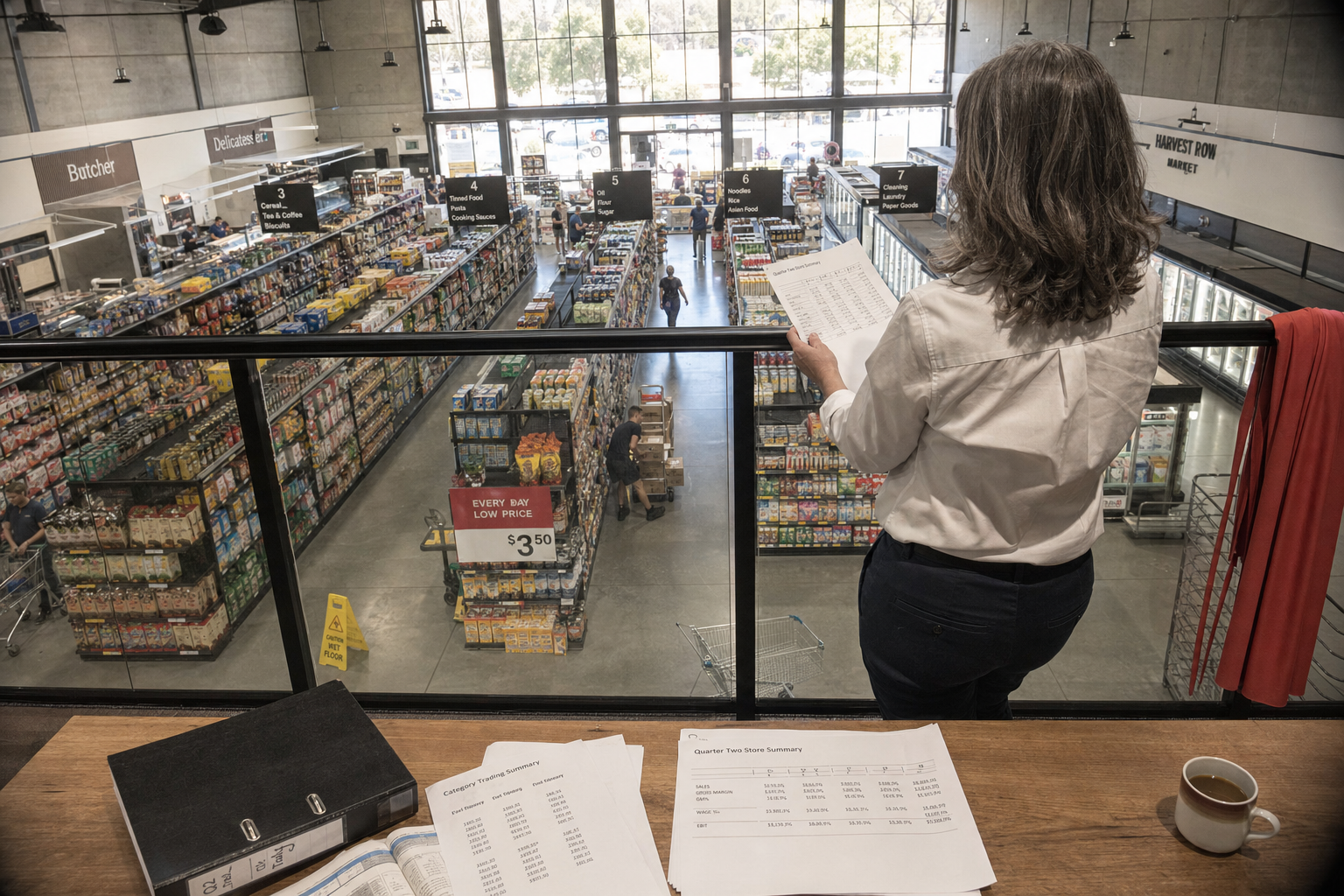 Owner reviewing a quarterly store summary above the sales floor