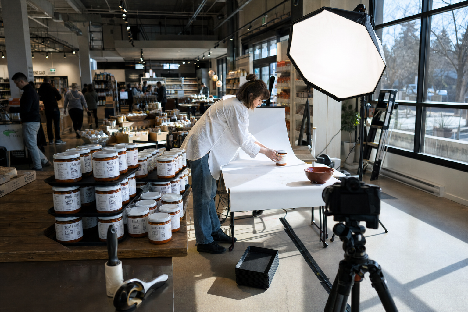 Product being photographed on a lit table inside the store